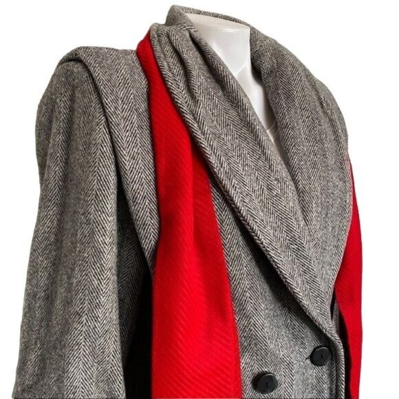 Herman Kay Vintage Pea Double Breasted Coat With Red Scarf Herringbone Tweed Siz - Picture 13 of 15